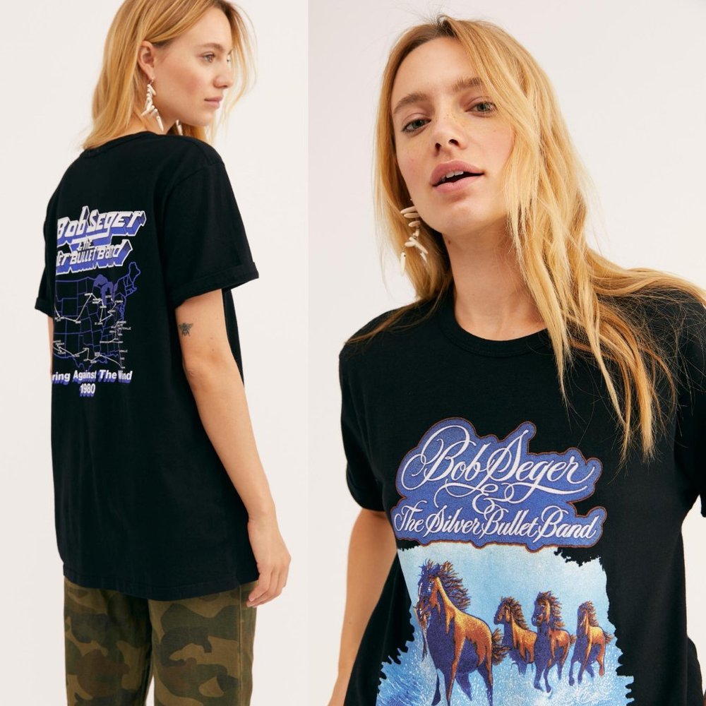 NEW FREE PEOPLE BOB SEGER HORSES BLACK TEE SZ M L - Picture 2 of 9